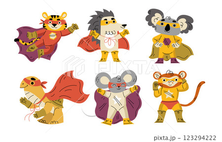 Animal Characters Superhero Dressed in Mask and Cape or Cloak Vector Set Animal Characters Superhero Dressed in Mask and Cape or Cloak Vector Set 123294222