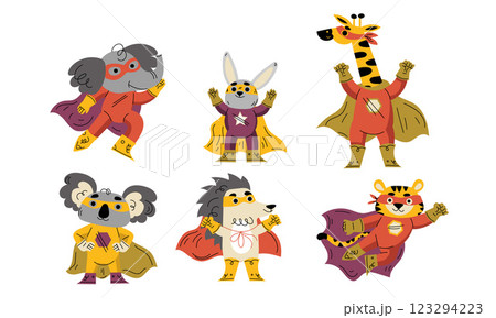 Animal Characters Superhero Dressed in Mask and Cape or Cloak Vector Set 123294223