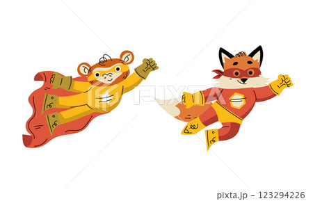 Animal Characters Superhero Dressed in Mask and Cape or Cloak Vector Set 123294226