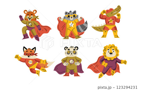 Animal Characters Superhero Dressed in Mask and Cape or Cloak Vector Set 123294231