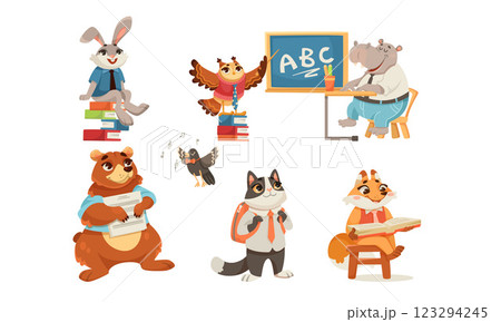 Animals Students at School Studying Having Lesson Vector Set 123294245