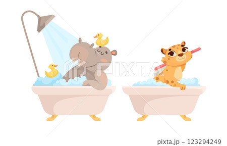 Animal Characters and Hygiene Rules Washing and Grooming Vector Set Animal Characters and Hygiene Rules Washing and Grooming Vector Set 123294249