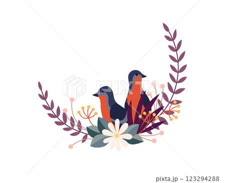 Round flower bird frame, vintage wreath with blossom. Folk art, ornamental frame with floral composition. Bright illustration, can be used as creating or invitation card 123294288