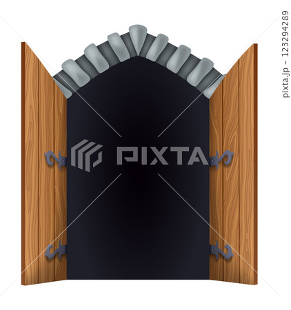 Medieval gate, open. Castle medieval door. Cartoon ancient fortress wooden gate or tower arch door. Stone arch with metal hinges for entry. Vintage city entrance, vector illustration 123294289