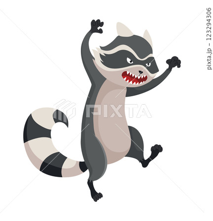 Cartoon raccoon character emotion. Funny wild coon pose, cute mammal. Vector design animal icon isolated on white background 123294306
