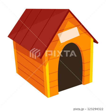 Dog house icon. Cartoon pet accessory. Petshop supermarket item. Empty pet home with roof. House for domestic animal. Isolated flat vector illustration 123294322