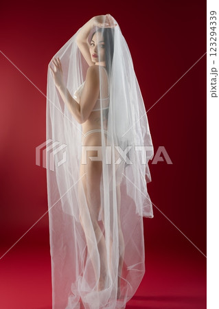 Beautiful bride in delicate lingerie with flowing veil against red backdrop Beautiful bride in delicate lingerie with flowing veil against red backdrop 123294339