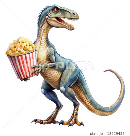 Cute dinosaur species standing holding popcorn  clipart watercolor  123294384