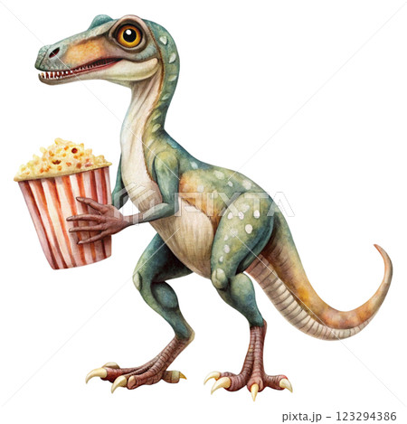 Cute dinosaur species standing holding popcorn  clipart watercolor  123294386