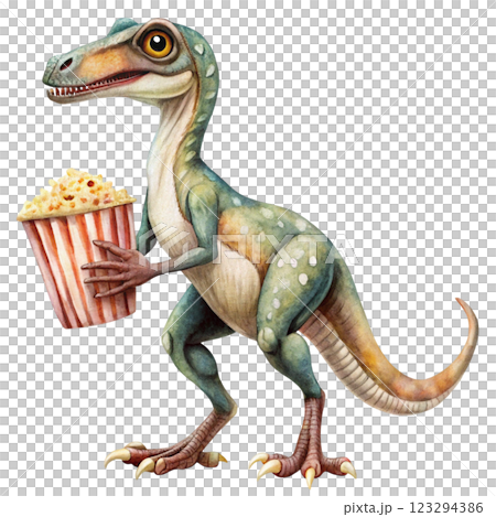 Cute dinosaur species standing holding popcorn  clipart watercolor  123294386