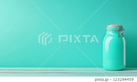 Vibrant turquoise milk jar against a minimalist backdrop 123294459