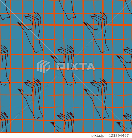 pattern of outlined hands on blue orange grid background 123294497