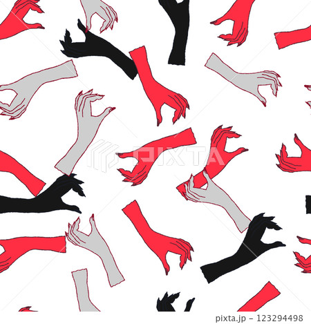 Colorful pattern of diverse hands in various gestures - black, red, gray 123294498
