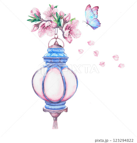 Watercolor lantern with flowers and butterflies 123294822