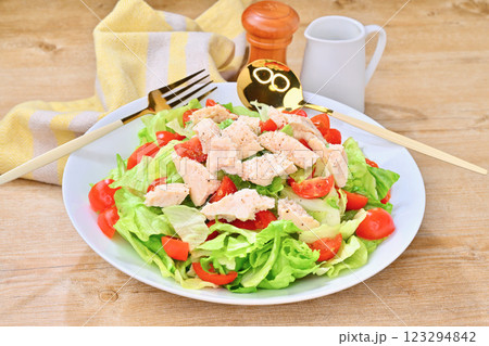 サラダチキンとレタスのサラダ。レタス・ミニトマトのグリーンサラダ。 123294842