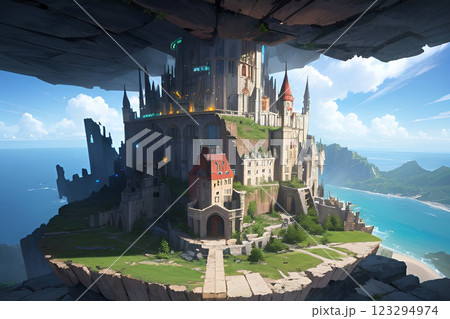ゲーム背景　サイバーファンタジー機械仕掛けのゴシック帝国の城 123294974