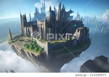 ゲーム背景　サイバーファンタジー機械仕掛けのゴシック帝国の城 123294975