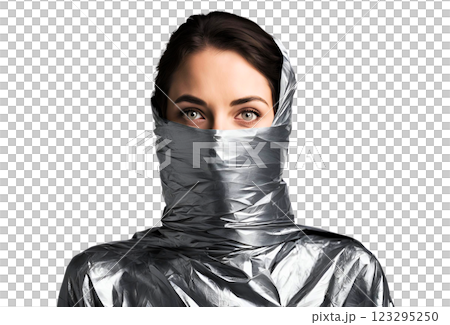 白色背景中用鋁箔膠帶包裹的婦女 123295250