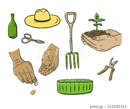 Hand drawn gardening elements including hands 123295353