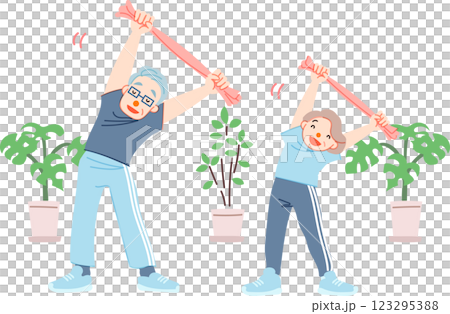 Senior couple stretching with a towel Senior couple stretching with a towel 123295388