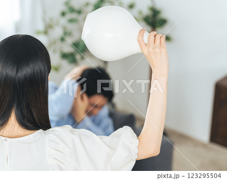 花瓶で男性を叩こうとする女性　DV　家庭内暴力 123295504