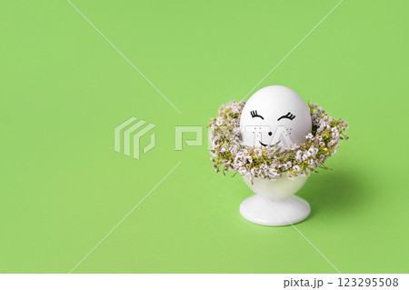 White Easter egg with funny face with spring flowers in white stands on a green background. Happy Easter concept. Greeting card. 123295508