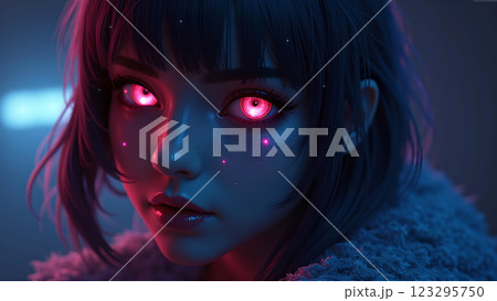 a stylish cyberpunk girl illuminated by neon lights 123295750