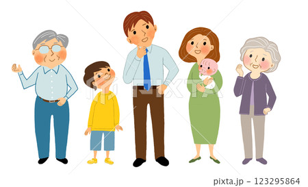 防災対策の相談をする家族三世帯 123295864