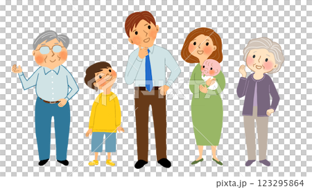 防災対策の相談をする家族三世帯 123295864