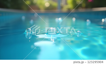 Sunlight reflects on the surface of a clear blue swimming pool. Perfect for conveying summer, relaxation, and vacations. 123295904