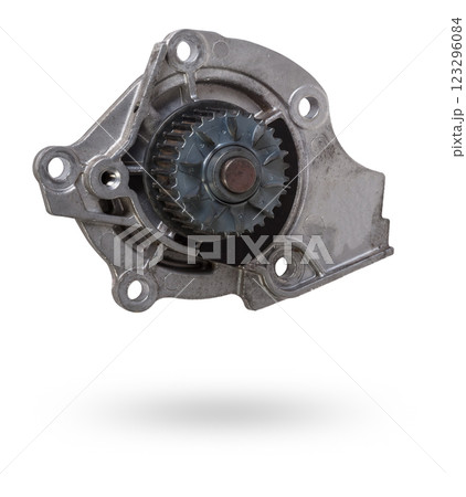 Metal automobile pump for cooling the engine of a water pump on a white background. The concept of used spare parts for the car engine from junkyard Metal automobile pump for cooling the engine of a water pump on a white background. The concept of used spare parts for the car engine from junkyard 123296084