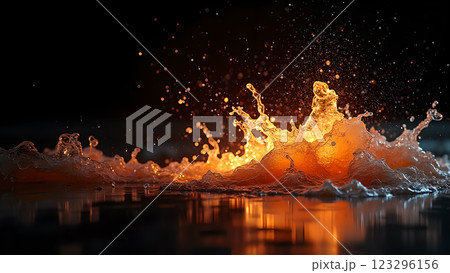A golden liquid forms a crown-like splash, with light particles and bokeh creating a dynamic 123296156