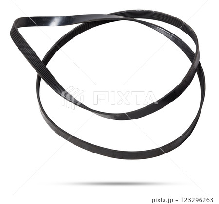V-ribbed engine belt made of black rubber on a white isolated background in a photo studio of auto parts for replacement during repair or for a catalog of spare parts for sale on auto analysis. 123296263
