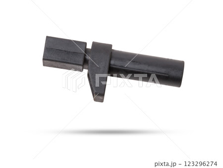 Electromagnetic crankshaft position sensor of a car engine in the hands of an auto mechanic. Spare parts catalog. 123296274