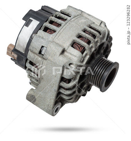 Car generator, car electrical network element on white background, generator details close-up. Spare auto parts for repair. Car generator, car electrical network element on white background, generator details close-up. Spare auto parts for repair. 123296282