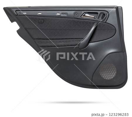 Car door trim with black leather upholstery on a white isolated background for repair and replacement in a car service. Spare parts catalog. 123296283