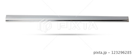 Silver plastic molding with chrome for car side fender - tuning element for sale in a car service on a white isolated background in a photo studio. 123296285