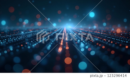 A futuristic cityscape featuring data streams flowing through the city at night, symbolizing technology and innovation. 123296414