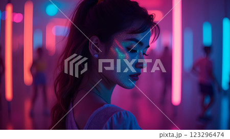 A woman with neon makeup stands in a night party atmosphere, illuminated by colorful lights and bokeh 123296474