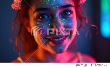A woman with neon makeup stands in a night party atmosphere, illuminated by colorful lights and bokeh 123296475