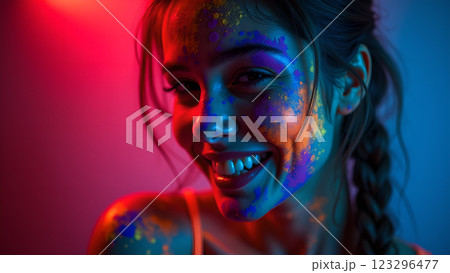 A woman with neon makeup stands in a night party atmosphere, illuminated by colorful lights and bokeh 123296477