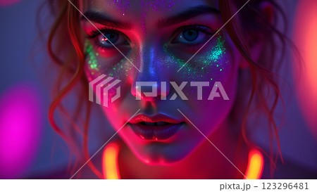 A woman with neon makeup stands in a night party atmosphere, illuminated by colorful lights and bokeh 123296481