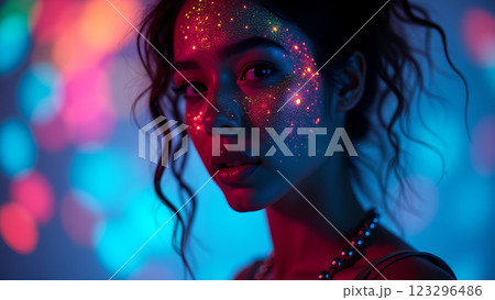 A woman with neon makeup stands in a night party atmosphere, illuminated by colorful lights and bokeh 123296486