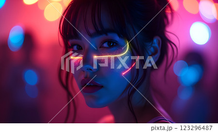 A woman with neon makeup stands in a night party atmosphere, illuminated by colorful lights and bokeh 123296487