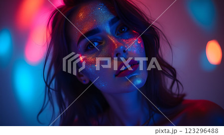 A woman with neon makeup stands in a night party atmosphere, illuminated by colorful lights and bokeh 123296488