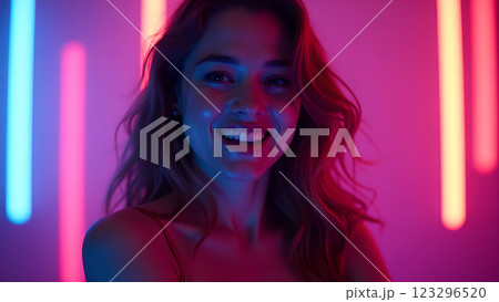 A woman with neon makeup stands in a night party atmosphere, illuminated by colorful lights and bokeh A woman with neon makeup stands in a night party atmosphere, illuminated by colorful lights and bokeh 123296520