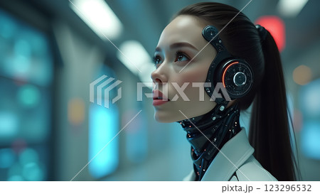 A woman with neon makeup stands in a night party atmosphere, illuminated by colorful lights and bokeh 123296532