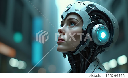 A woman with neon makeup stands in a night party atmosphere, illuminated by colorful lights and bokeh A woman with neon makeup stands in a night party atmosphere, illuminated by colorful lights and bokeh 123296533