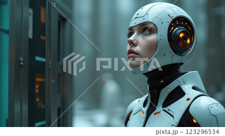 A woman with neon makeup stands in a night party atmosphere, illuminated by colorful lights and bokeh 123296534