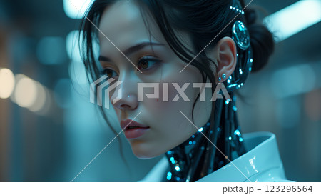 A woman with neon makeup stands in a night party atmosphere, illuminated by colorful lights and bokeh 123296564